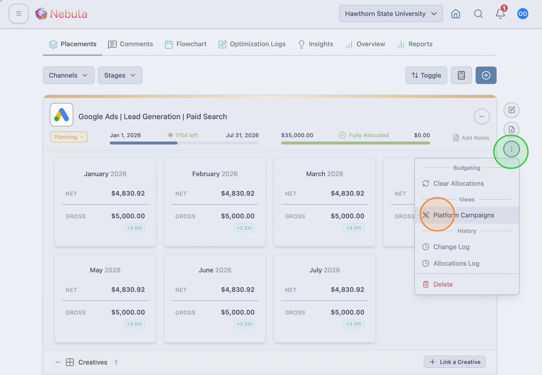 Add platform campaigns to placements screenshot 1