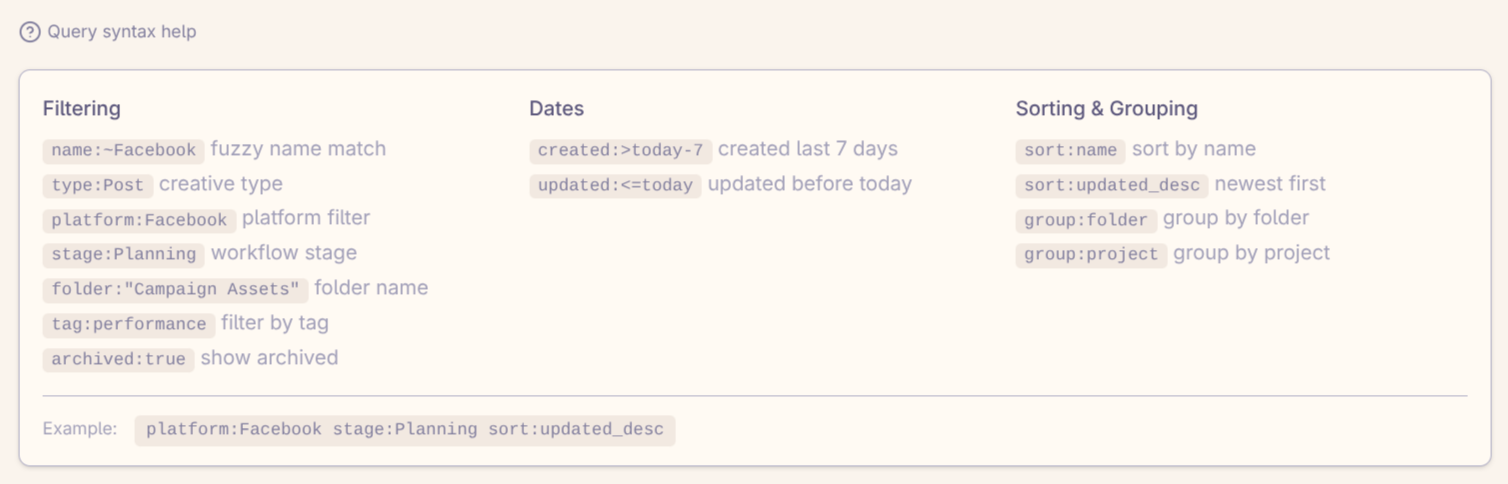 Nebula Creative Library search syntax help
